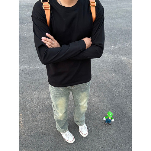 純黑色小領口圓領衛衣男款秋冬痞帥高級感長袖t恤美式內搭打底衫