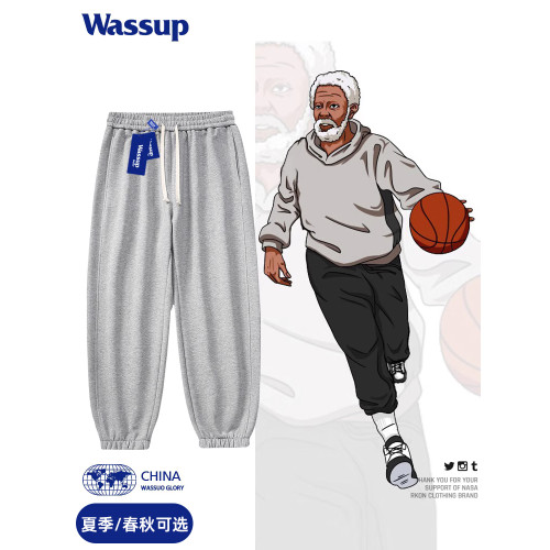 wassup dozen灰色衛褲男春秋季男褲潮牌薄款束腳運動休閒男女同款
