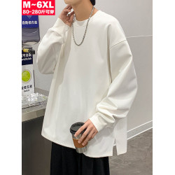 重磅純色圓領衛衣男潮ins寬松大碼上衣開衩秋冬加絨打底長袖外套