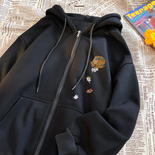 百搭休閒貓咪印花連帽開衫外套情侶裝寬松ins潮流秋冬拉鍊衛衣男 百搭休閒貓咪印花連帽開衫外套情侶裝寬松ins潮流秋冬拉鍊衛衣男