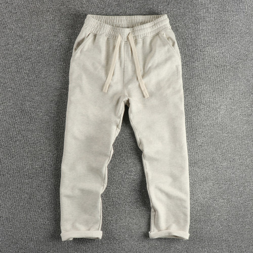 自然卷邊褲腳設計 英倫復古潮流休閒衛褲男高克重水洗毛圈棉長褲