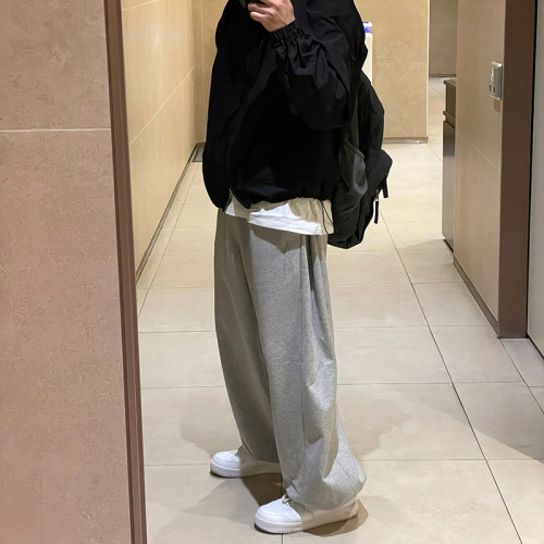 褲子男士款春季新款垂墜感濶腿運動衛褲美式復古寬鬆直筒休閒長褲