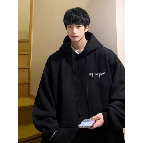 2025春秋裝新款美式潮牌純棉重磅圓領寬松黑色長袖衛衣上衣外套男 2025春秋裝新款美式潮牌純棉重磅圓領寬松黑色長袖衛衣上衣外套男