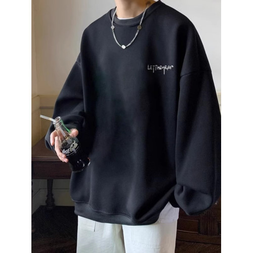 2025春秋裝新款美式潮牌純棉重磅圓領寬松黑色長袖衛衣上衣外套男 2025春秋裝新款美式潮牌純棉重磅圓領寬松黑色長袖衛衣上衣外套男