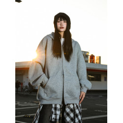 美式復古灰色開衫衛衣男400g重磅連帽oversize潮牌春秋款情侶外套