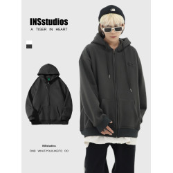 INSstudios 鋼印壓花衛衣自製ins潮牌純棉搖粒絨加絨拉鍊外套男女