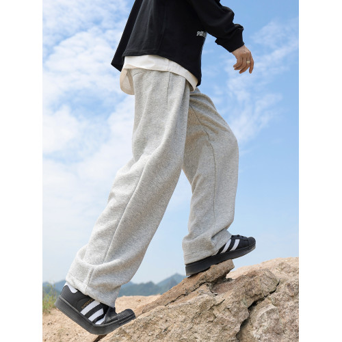 @港仔文藝男 灰色衛褲男秋冬男款直筒休閒運動長褲男生寬松褲子