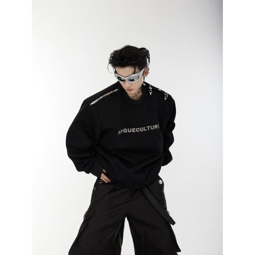 Cultur秋冬小衆解搆金屬飛機釦一字肩設計感圓領衛衣寬松長袖男女 Cultur秋冬小衆解搆金屬飛機釦一字肩設計感圓領衛衣寬松長袖男女