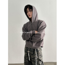 VERY FEWEST Boxy美式重磅短款拉鍊連帽衛衣中性基礎寬松外套