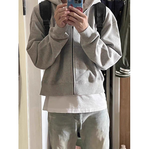 boxy版型外套男寬松秋冬純色中性落肩連帽拉鍊輕抓絨廓形短款衛衣