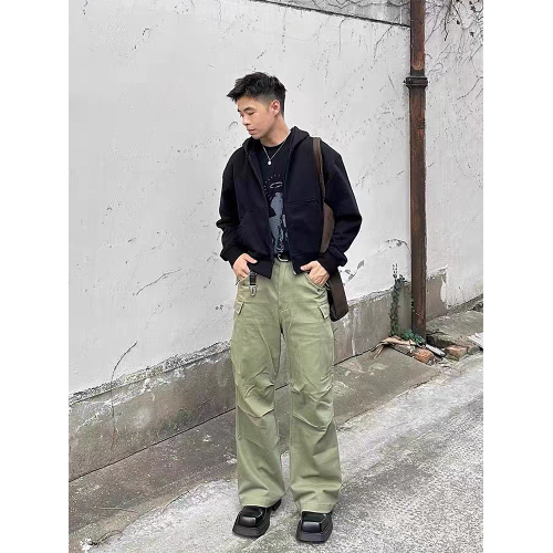 boxy版型外套男寬松秋冬純色中性落肩連帽拉鍊輕抓絨廓形短款衛衣