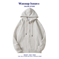 WASSUP ISSUE美式純色開衫衛衣男款春秋季寬松休閒情侶連帽外套男