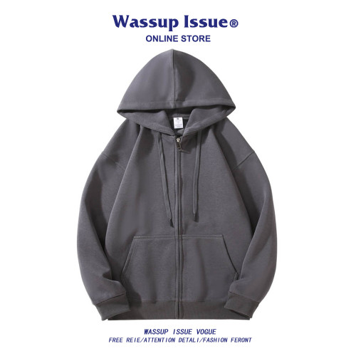 WASSUP ISSUE美式純色開衫衛衣男款春秋季寬松休閒情侶連帽外套男 WASSUP ISSUE美式純色開衫衛衣男款春秋季寬松休閒情侶連帽外套男