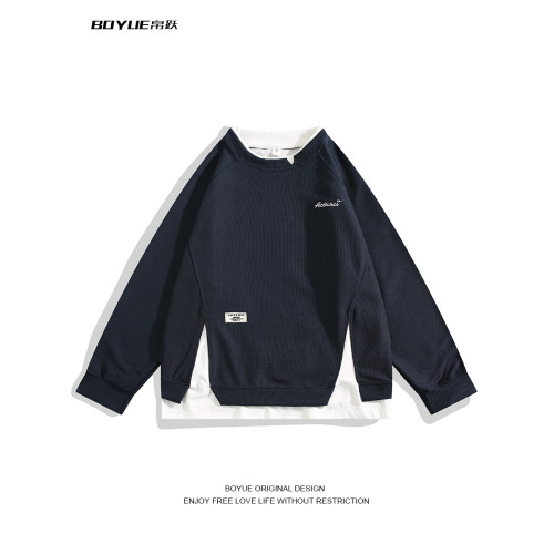 BOYUE帛躍青少年假兩件套頭刺綉衛衣美式休閒帥氣長袖拼色T恤衫男 BOYUE帛躍青少年假兩件套頭刺綉衛衣美式休閒帥氣長袖拼色T恤衫男
