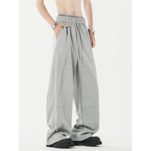 美式重磅cleanfit灰色衛褲男潮牌新款拼接寬鬆濶腿休閒運動長褲子