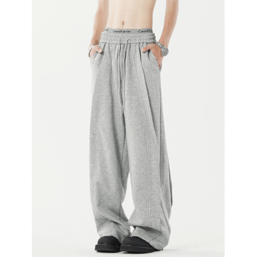 美式重磅cleanfit灰色衛褲男潮牌新款拼接寬鬆濶腿休閒運動長褲子