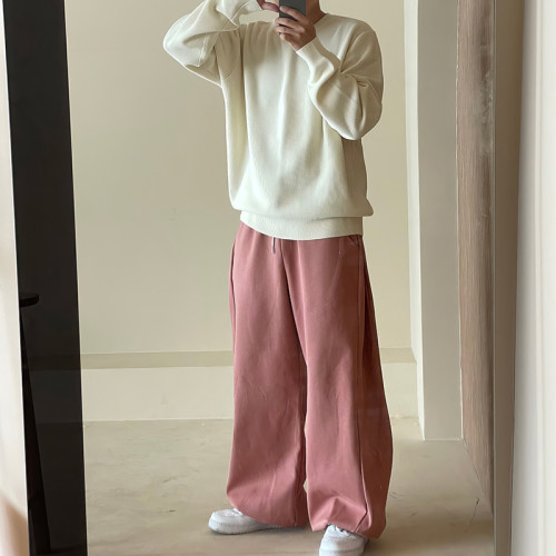 褲子男春季垂墜感濶腿束腳運動衛褲美式復古痞帥重磅寬鬆休閒長褲