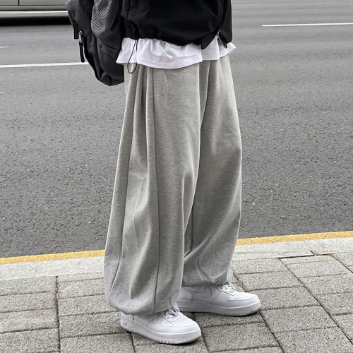 褲子男春季垂墜感濶腿束腳運動衛褲美式復古痞帥重磅寬鬆休閒長褲