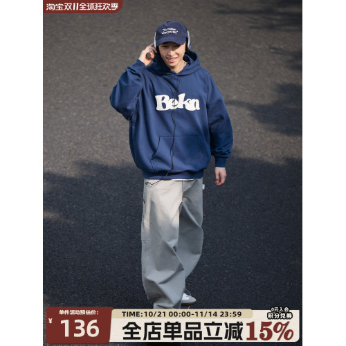 BELLKENIDEA 重磅445G抓絨貼布刺綉秋冬連帽衛衣男女寬松經典百搭