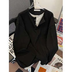 春秋圓領衛衣男套頭假兩件休閒潮牌青少年設計感美式運動初秋上衣