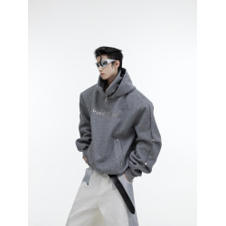 CulturE小衆解搆亮片設計感連帽衛衣雙層高領金屬紐釦褶皺上衣男