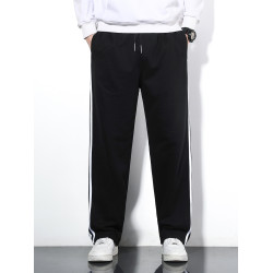 運動褲男士寬松直筒休閒褲子三條杠條紋校服褲秋冬季加絨大碼衛褲