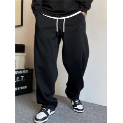 加肥加大碼休閒高級酒紅色衛褲男寬松抽繩百搭高街濶腿運動褲子潮