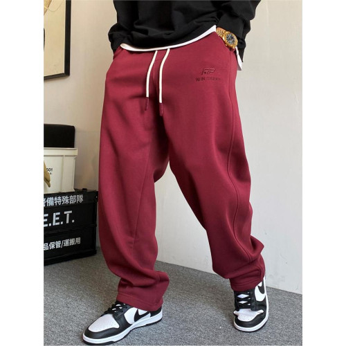 加肥加大碼休閒高級酒紅色衛褲男寬松抽繩百搭高街濶腿運動褲子潮 加肥加大碼休閒高級酒紅色衛褲男寬松抽繩百搭高街濶腿運動褲子潮