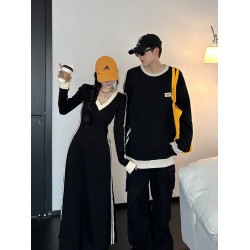 美式潮牌衛衣男款v領寬松休閒韓系慵懶風顯瘦長裙情侶裝一裙一衣