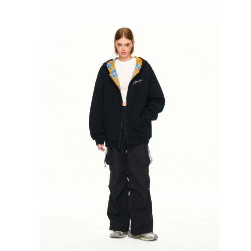 黃子弘凡同款RECOLETA美式復古運動加絨拉鍊衛衣格紋情侶春秋外套 黃子弘凡同款RECOLETA美式復古運動加絨拉鍊衛衣格紋情侶春秋外套