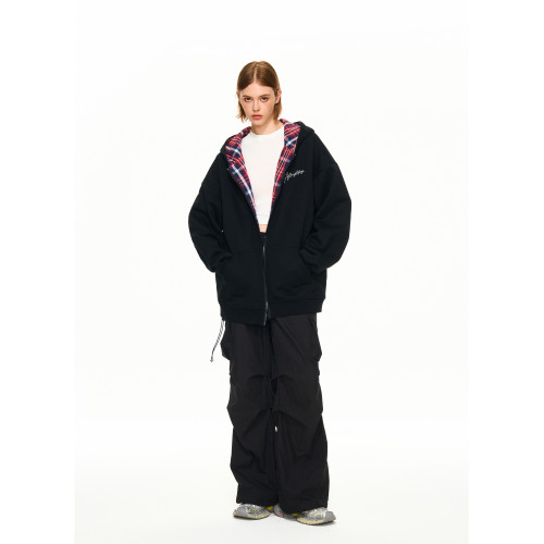 黃子弘凡同款RECOLETA美式復古運動加絨拉鍊衛衣格紋情侶春秋外套 黃子弘凡同款RECOLETA美式復古運動加絨拉鍊衛衣格紋情侶春秋外套