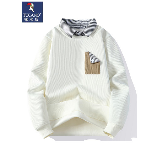 啄木鳥2025新款春秋款假兩件衛衣男寬松潮牌襯衫領內搭打底衫男潮