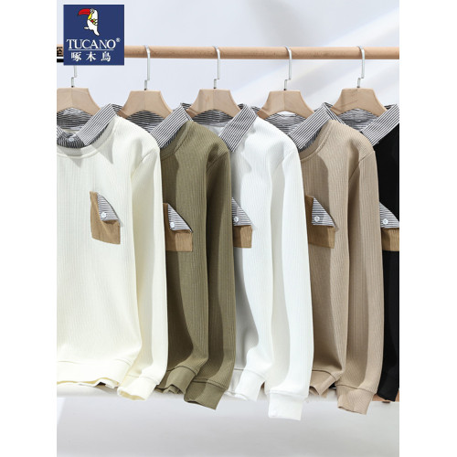 啄木鳥2025新款春秋款假兩件衛衣男寬松潮牌襯衫領內搭打底衫男潮