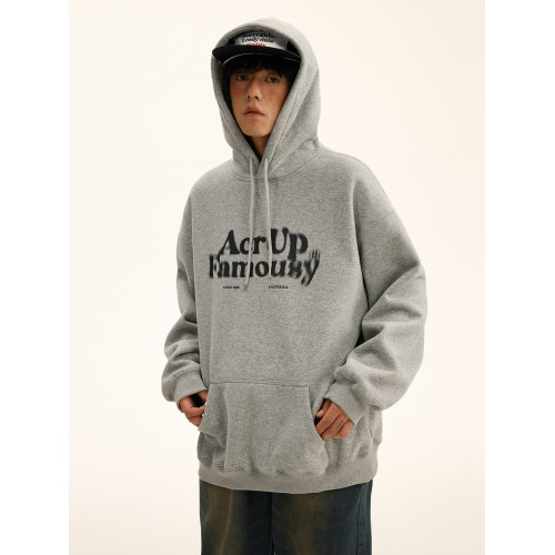 男道秋冬重磅模糊字母連帽加絨印花衛衣男士美式寬松高街套頭上衣