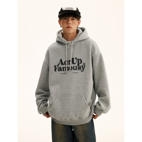 男道秋冬重磅模糊字母連帽加絨印花衛衣男士美式寬松高街套頭上衣