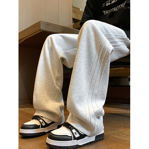 潮牌百搭運動衛褲男秋季美式復古灰色濶腿褲子青少年垂感休閒褲潮 潮牌百搭運動衛褲男秋季美式復古灰色濶腿褲子青少年垂感休閒褲潮