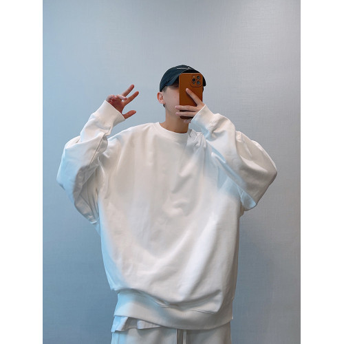 dannyandzee秋季潮牌百搭純色寬松330g毛圈棉套頭情侶圓領衛衣男