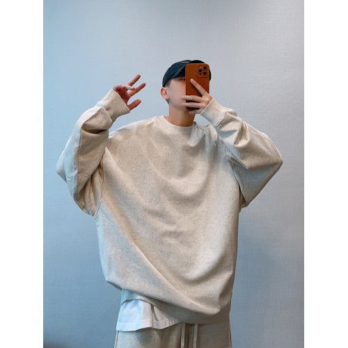 dannyandzee秋季潮牌百搭純色寬松330g毛圈棉套頭情侶圓領衛衣男