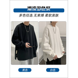 長袖t恤男士秋冬季潮牌寬松休閒大碼衛衣加絨加厚體恤純色打底衫