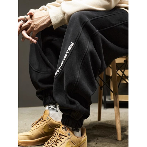 大碼300斤潮牌日系寬鬆束腳衛褲男秋冬加絨拼接運動工裝休閒長褲2