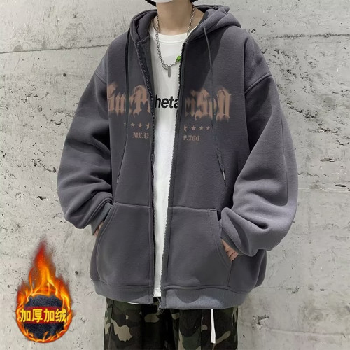 連帽衛衣男士春秋冬季美式復古潮牌青少年男生加絨厚拉鍊開衫外套