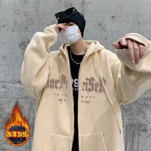 連帽衛衣男士春秋冬季美式復古潮牌青少年男生加絨厚拉鍊開衫外套