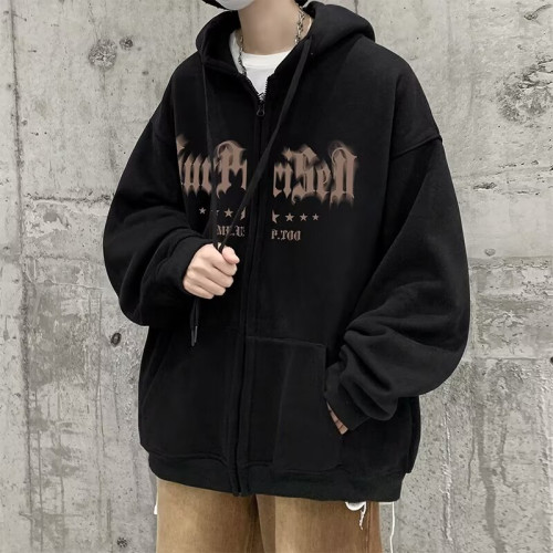 連帽衛衣男士春秋冬季美式復古潮牌青少年男生加絨厚拉鍊開衫外套