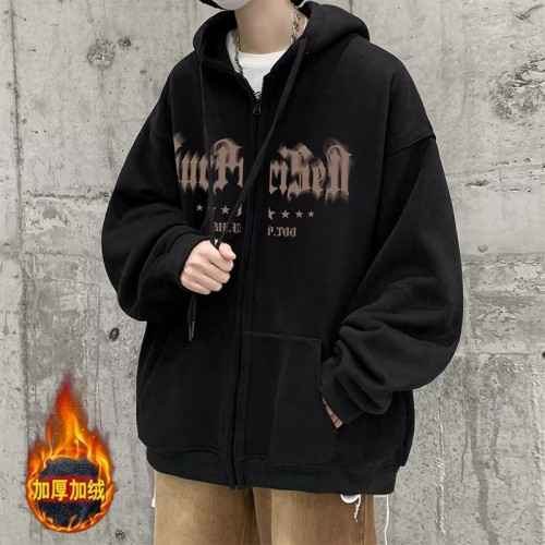 連帽衛衣男士春秋冬季美式復古潮牌青少年男生加絨厚拉鍊開衫外套