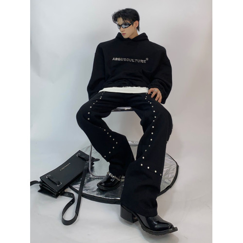 Culture小衆金屬印花加絨墊肩潮牌休閒鄧爲同款衛衣男設計感上衣