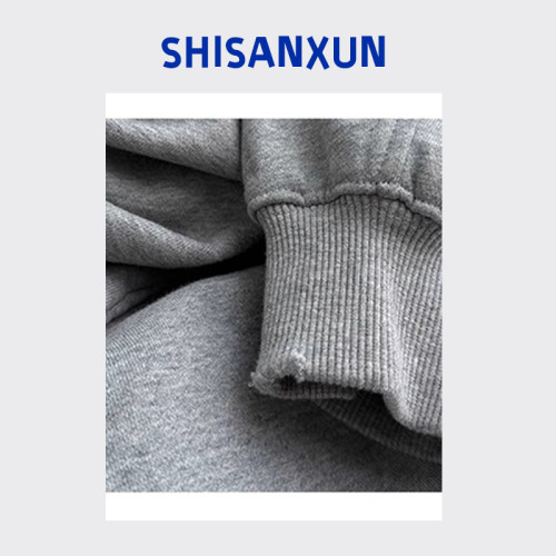 SHISANXUN秋季復古學院領短寬衛衣破損做舊大V領運動街頭套頭上衣