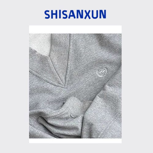 SHISANXUN秋季復古學院領短寬衛衣破損做舊大V領運動街頭套頭上衣 SHISANXUN秋季復古學院領短寬衛衣破損做舊大V領運動街頭套頭上衣