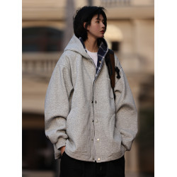 Nobodyknows秋冬日系復古純色格紋開衫男女休閒寬松連帽衛衣外套