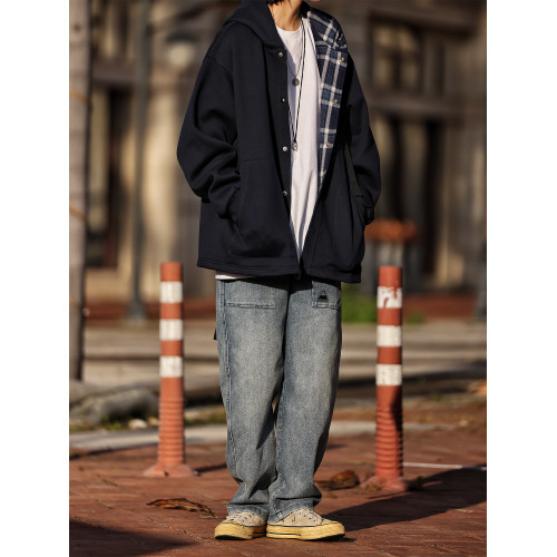 Nobodyknows秋冬日系復古純色格紋開衫男女休閒寬松連帽衛衣外套 Nobodyknows秋冬日系復古純色格紋開衫男女休閒寬松連帽衛衣外套