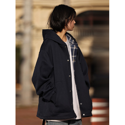 Nobodyknows秋冬日系復古純色格紋開衫男女休閒寬松連帽衛衣外套 Nobodyknows秋冬日系復古純色格紋開衫男女休閒寬松連帽衛衣外套